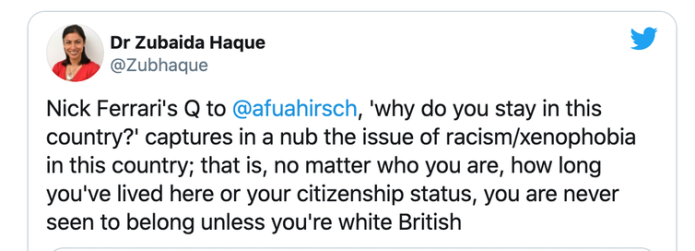 Tweet from Dr Zubaida Haque about racism and xenophobia in Britain