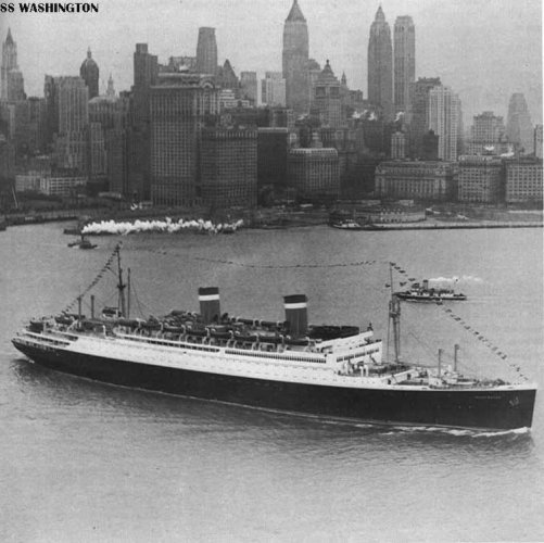 American luxury liner SS Washington with New York skyline in background.