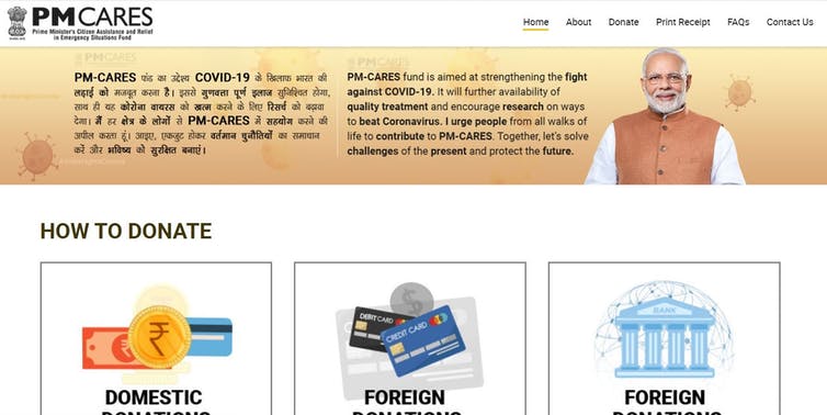 A screen grab from the official website of the PM-CARES Fund