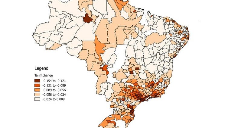 Map showing areas of Brazil most affected by tariff reductions.