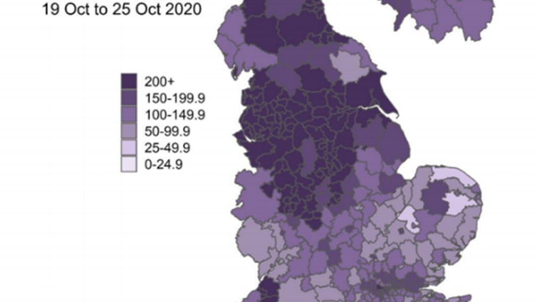 Map showing infection rates per 100,000 people across England, with different shades of purple marking severity