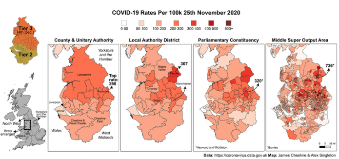 Maps showing how COVID infection rates appear different depending on how you define a geographical area.