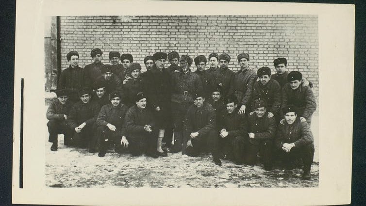 A troop of guerrilla fighters in Moscow, pictured during the war.