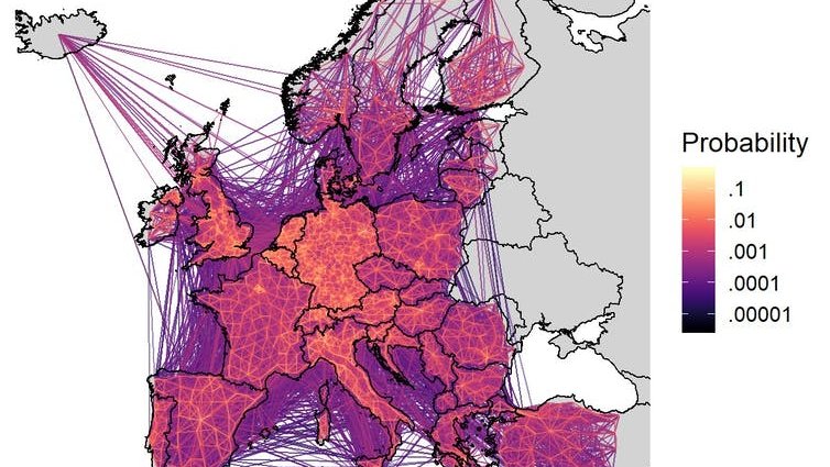 A figure showing relative population movement patterns around Europe based on smartphone data.