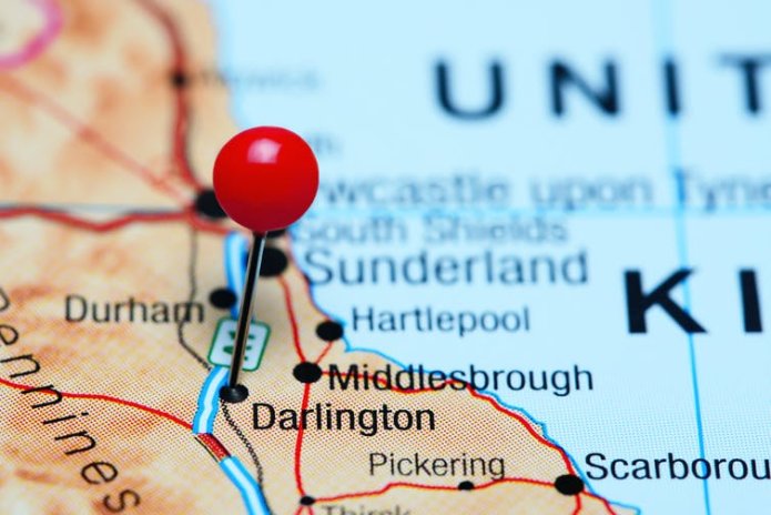 A map with a red pin locating Darlington.