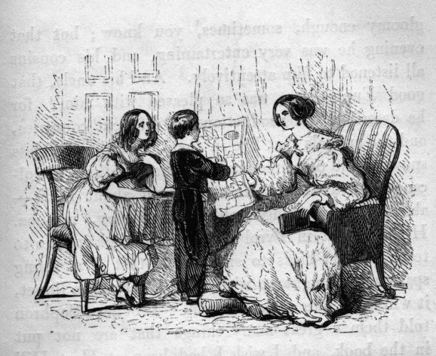 Engraving showing a mother and daughter sitting at a table laden with books, while son stands holding an atlas.