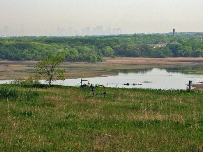 View of Manhattan across Freshkills Park, which has been built on the site of the landfill where the debris from 9/11 was buried.