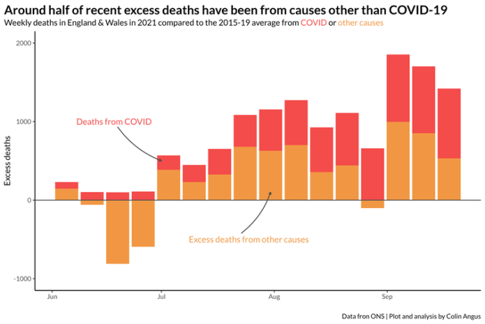 Since the start of July we have seen excess mortality in England and Wales compared to the 2015-19 average, with around half of these excess deaths being due to COVID and half due to other causes