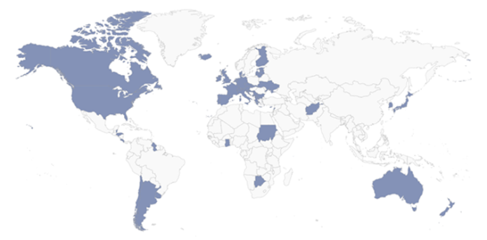 Map of th world with 50 countries which support the Media Freedom Coalition shaded in.