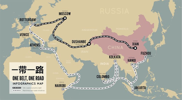 A map in yellow and pink of China's Belt and Road initiative.