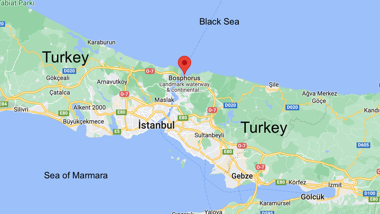 Map of Turkey with Bosphorus Strait, Sea of Marmara and Black Sea.