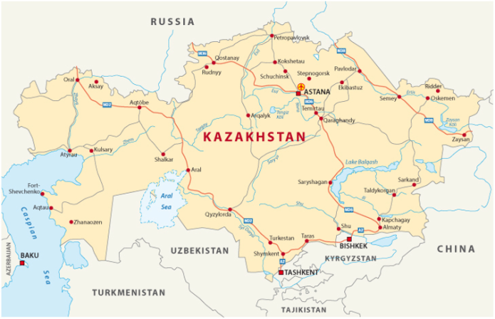 Locator map of Kazakhstan showing Russia, China and its neighbouring republics.