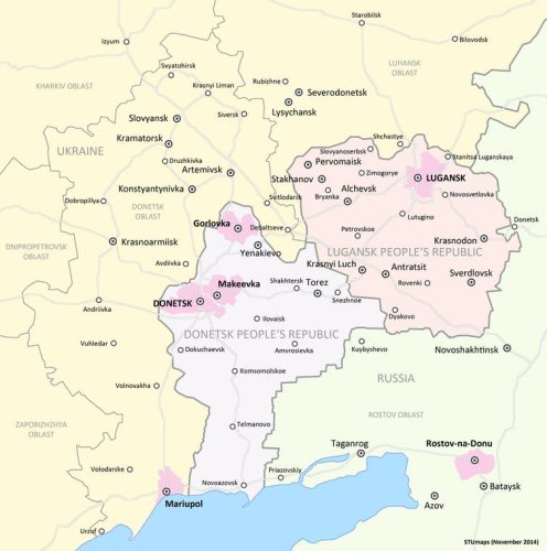 Map of Ukraine's Donbas region showing pro-Russian breakaway republics.