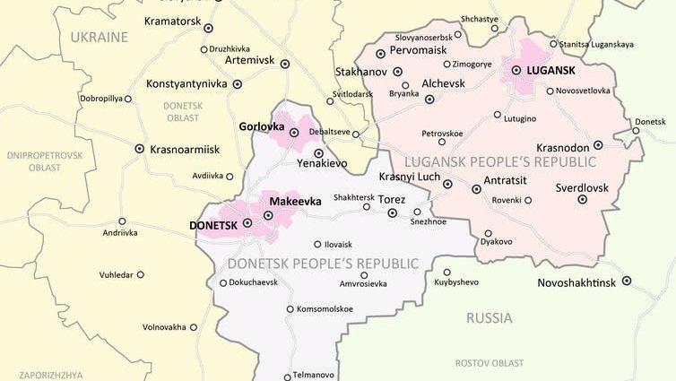 Map of Ukraine's Donbas region showing pro-Russian breakaway republics.
