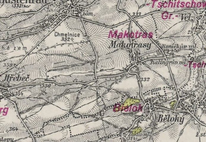 Old printed map with Czech place names.