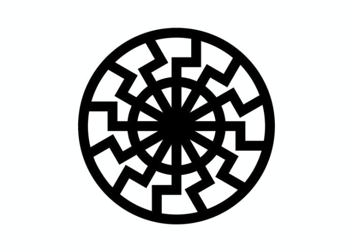 The sonnenrad, a black circle with 12 repeating jagged lines around it like spokes of a wheel.