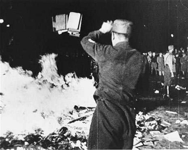 Black and white photo, a Nazi official viewed from behind throws books onto a fire.
