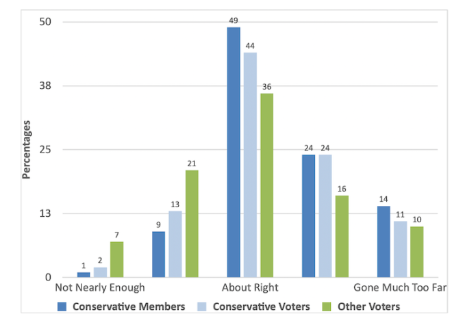 A chart showing that Conservative members are more likely to say that diversity drives have gone too far than Conservative voters or other voters.