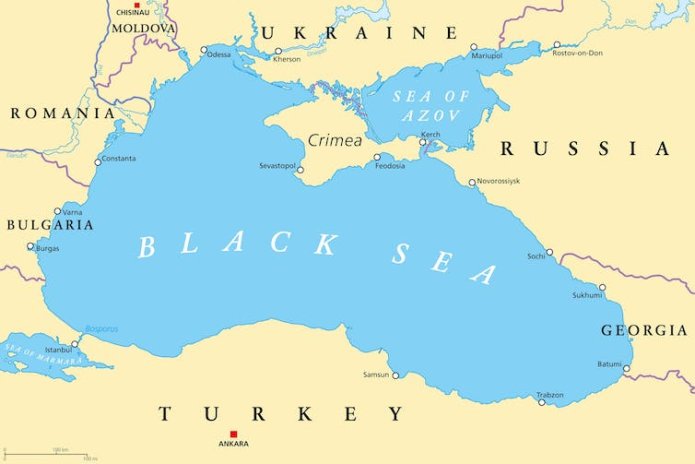 Map of Black Sea with southern Ukraine and Crimea.