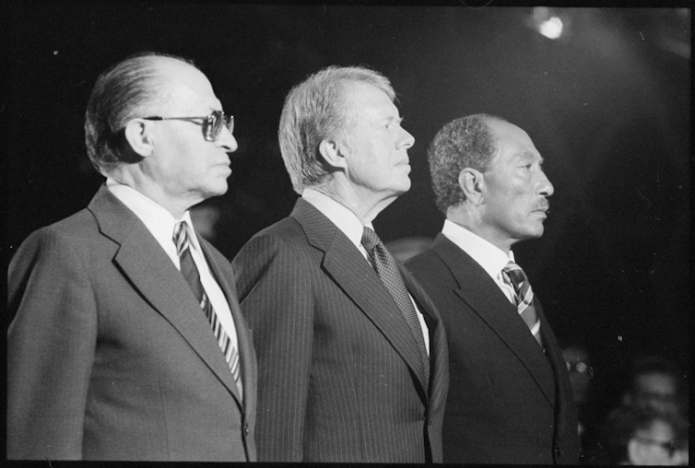Israeli prime minister Menahem Begin, US president Jimmy Carter and Egyptian president Anwar Sadat at Camp David in 1978