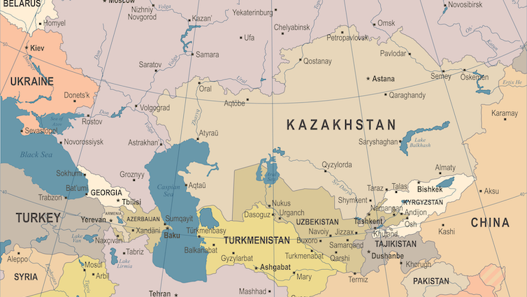 Map of Caucasus and Central Asia showing Russia, Ukraine, Belarus and Kazakhstan