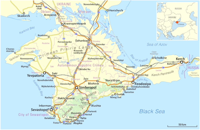Map of Crimea showing southern Ukraine