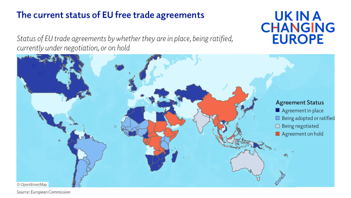 The current status of EU free trade agreements. Map showing the status of EU trade agreements by whether they are in place, being ratified, currently under negotiation, or on hold.