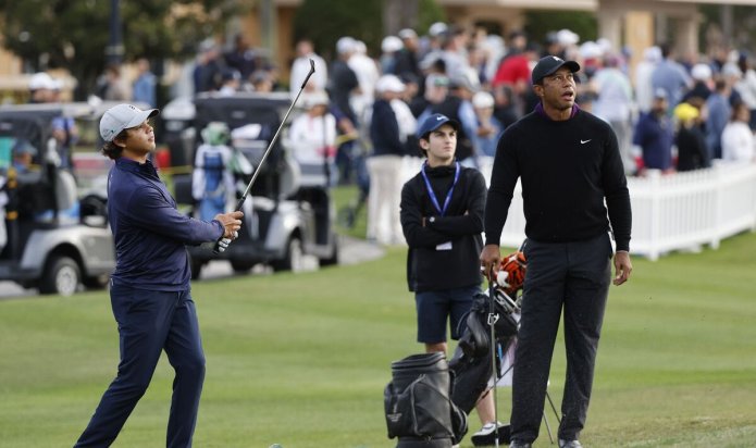 Tiger Woods gasps at 'f****** nasty' shot 14-year-old son Charlie pulls off
