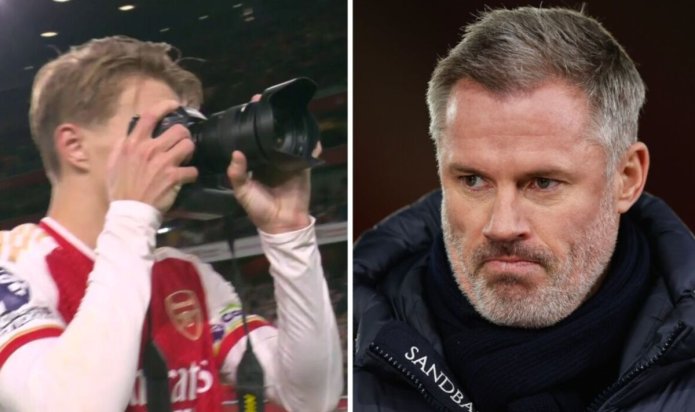 Martin Odegaard angers Carragher by taking photos after Arsenal beat Liverpool