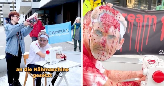 Protestor wears 'bloody' Roger Federer mask as activists launch petition