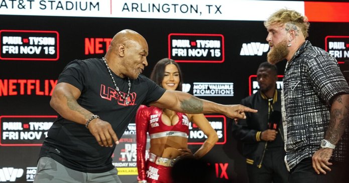 Mike Tyson shoves Jake Paul as tensions boil over during heated face-off