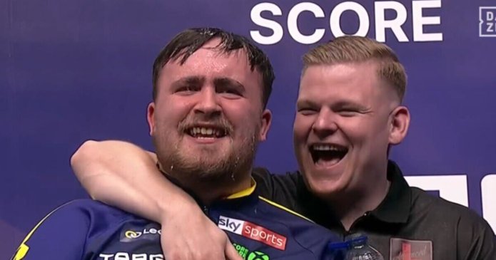 Luke Littler soaked by Mike De Decker after winning Belgian Darts Open final
