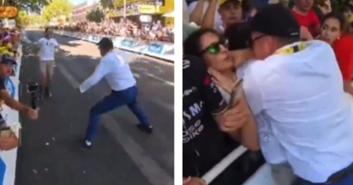 Moment pro-Palestine protester is slammed to the floor at Tour de France
