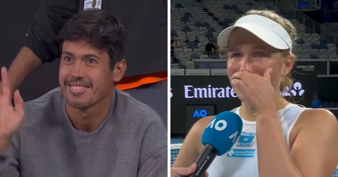 Aus Open star bursts into tears during interview and sends message to fiance