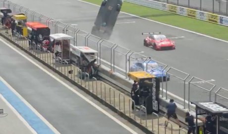 Horror as car flies into air in terrifying crash as Super GT driver hospitalised
