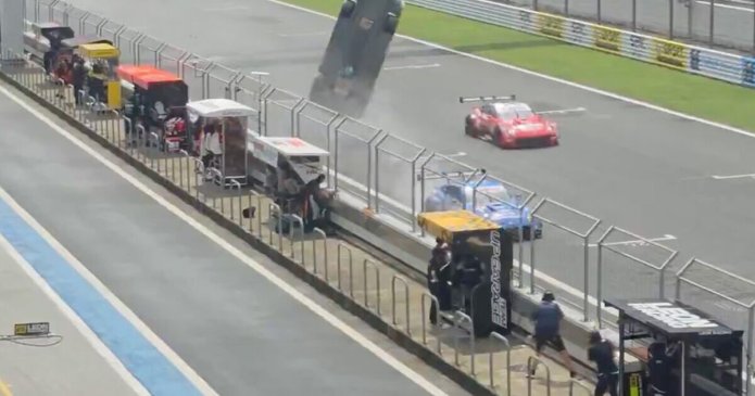 Horror as car flies into air in terrifying crash as Super GT driver hospitalised